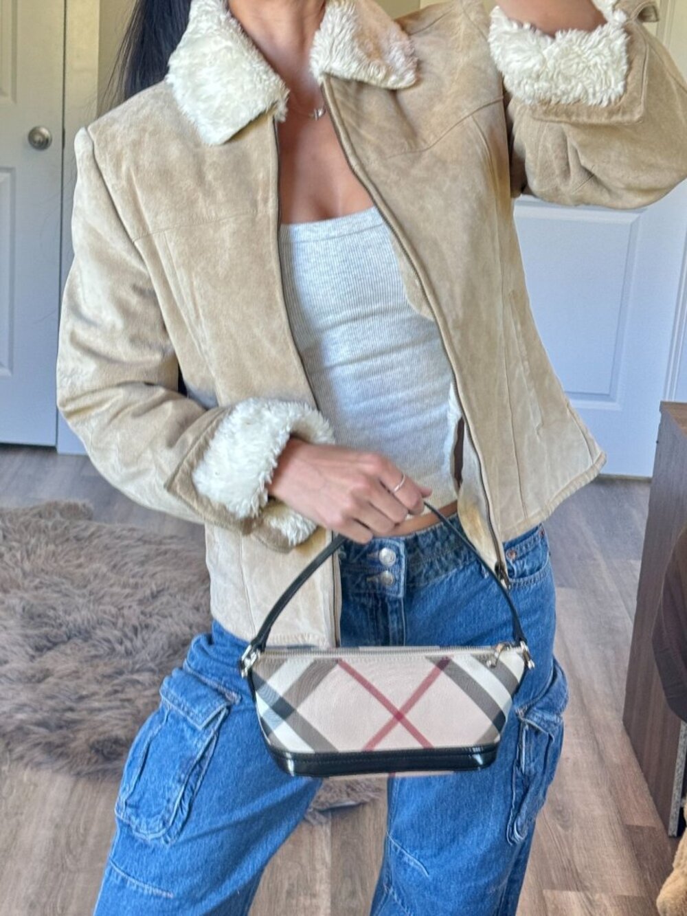 Y2K Sonoma Sherpa Lined Suede Leather Jacket Womens Small Distressed Moto 2000s